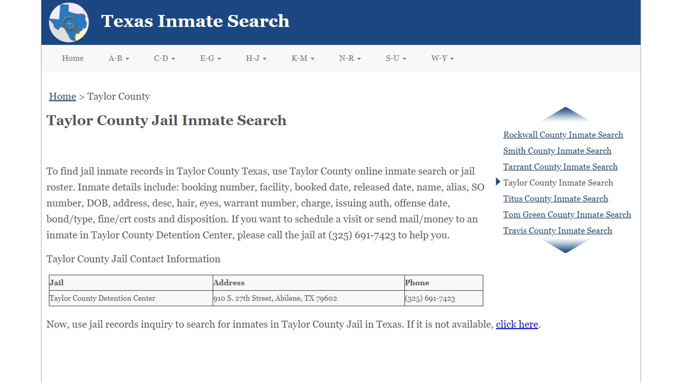 Taylor County Jail Inmate Search